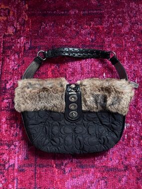 Vintage Coach SoHo Ski Bunny Black Quilted Shoulder Bag with Rabbit Fur Trim